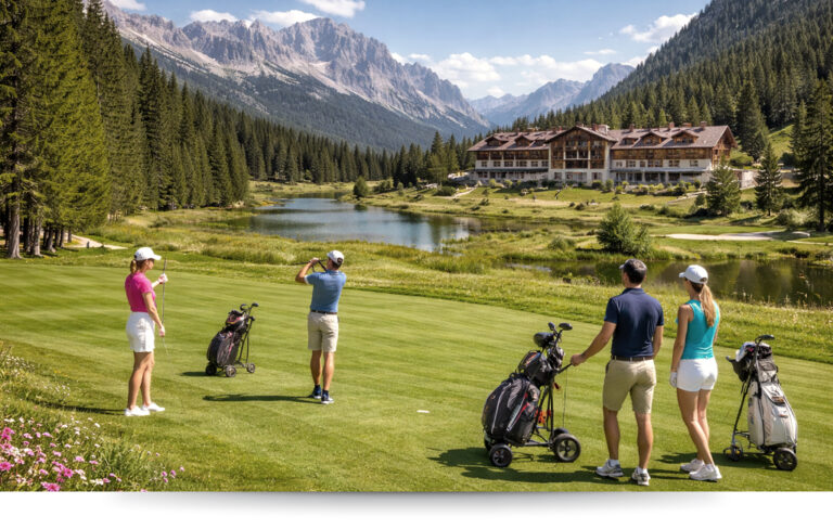 TH Madonna di Campiglio Golf Hotel in estate, circondato dal verde delle Dolomiti di Brenta, vacanza di gruppo, ricco programma escursioni e visite, organizzato da Progetto Colombo Tour Operator Bari