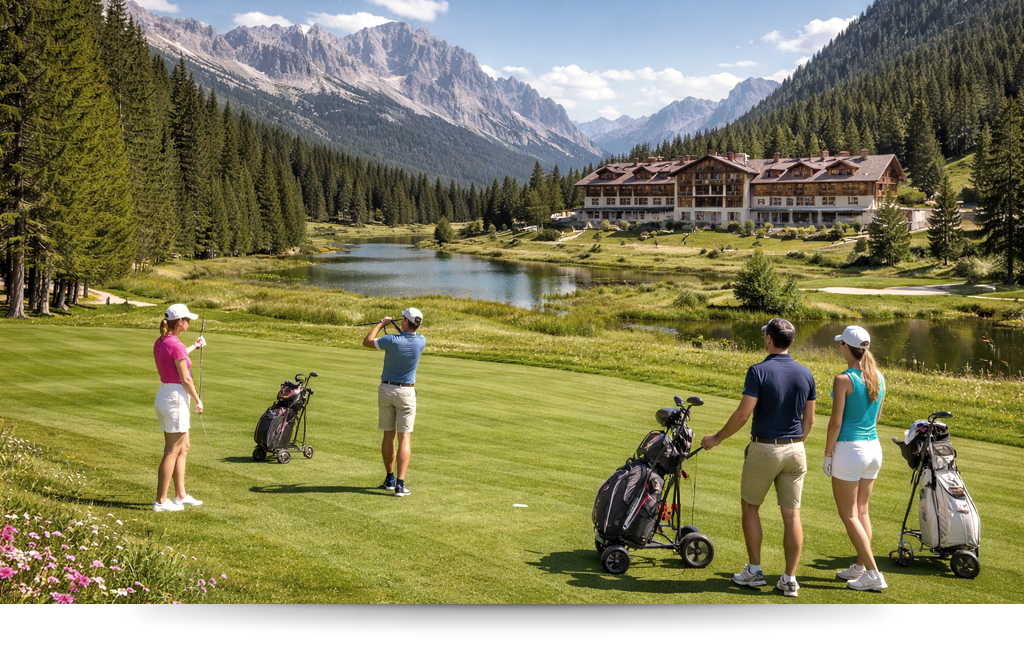 TH Madonna di Campiglio Golf Hotel in estate, circondato dal verde delle Dolomiti di Brenta, vacanza di gruppo, ricco programma escursioni e visite, organizzato da Progetto Colombo Tour Operator Bari