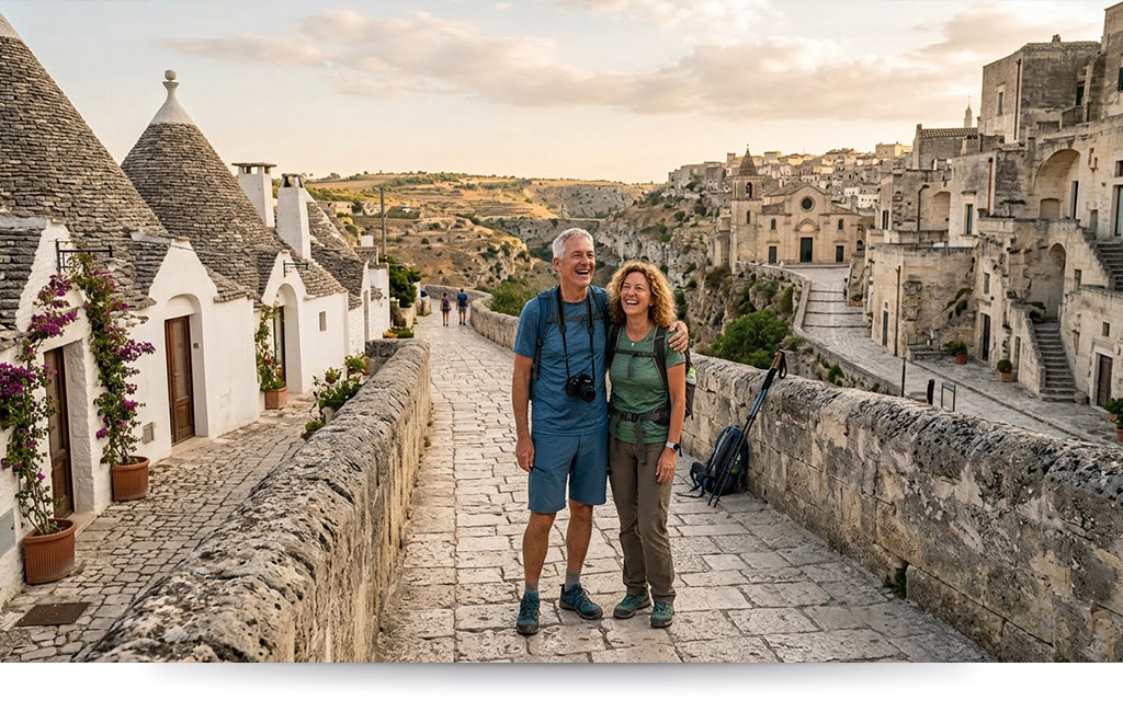 Progetto Colombo organizza, Oneday, un giorno a spasso tra Alberobello e Matera, viaggio in bus, accompagnatore.
